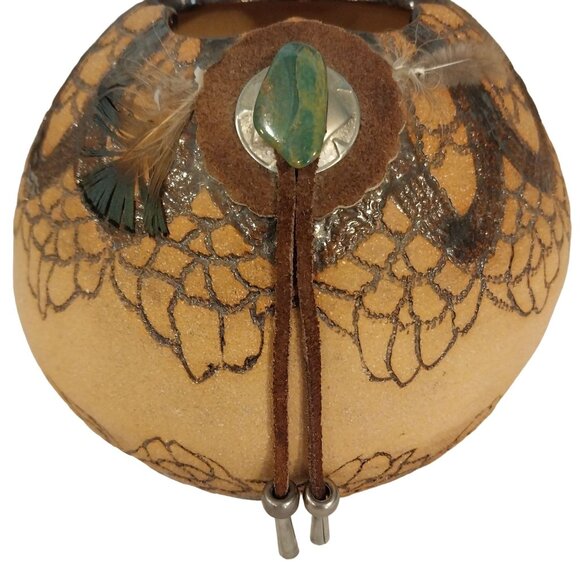 Southwestern Art Pottery Vase With Concho Feather Leather Accents By Trish Keck - Picture 2 of 10